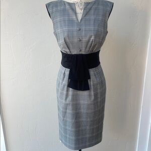 Gray Plaid Midi Dress with Black Waist Detail